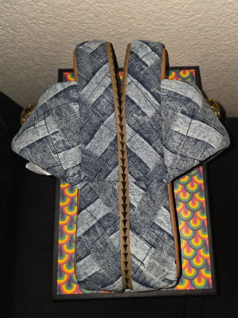 Kurt Geiger Kensington Quilted Denim Patchwork Logo Ornament Platform Slide